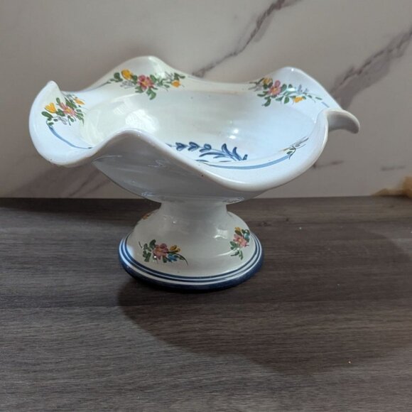 Decorative Footed Pedestal Hand-Painted Floral Ceramic Bowl Wavy Rim Vintage - Picture 2 of 9